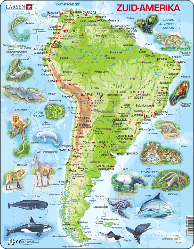 Selecta Larsen Pluzzle Map South, Amerika Geografisch mit Tieren, 65st.