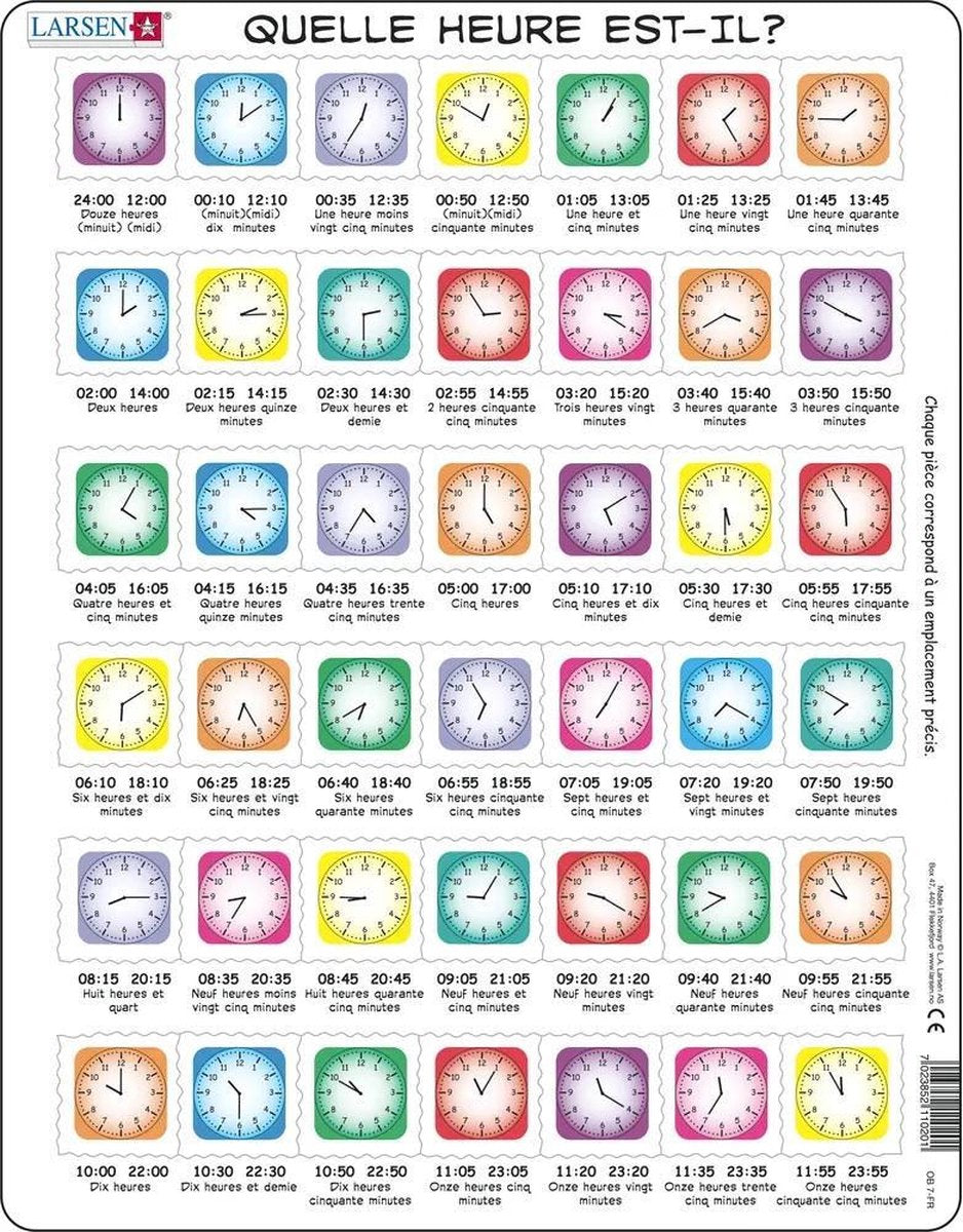 Larsen apprendre l'heure – Puzzle – Uhr – Lecture de l'heure – Puzzle éducatif pour enfants – 42 Teile – in Norwegen hergestellt – Teile mit einer Stärke von 2,5 mm – Plateau mit festem Rand