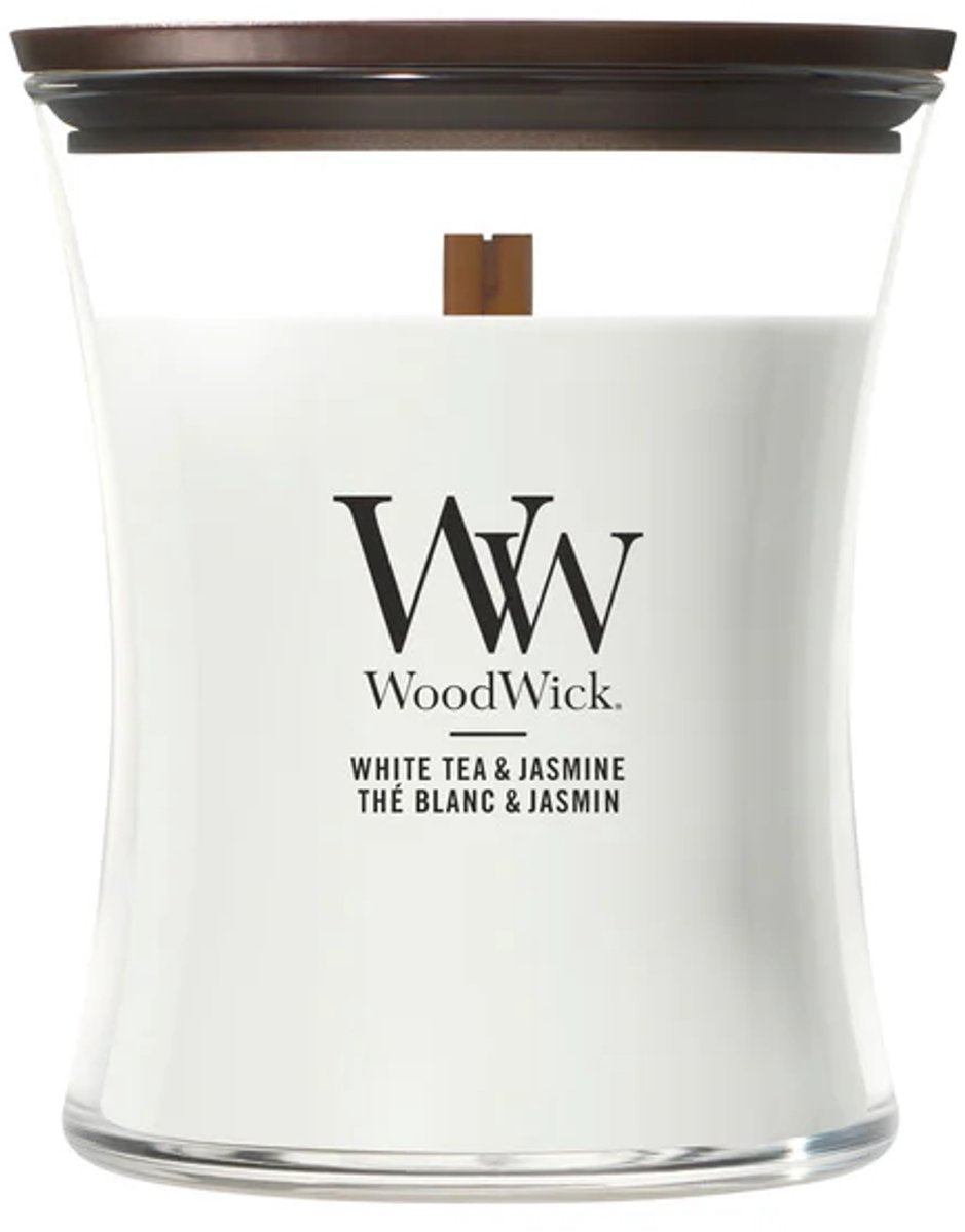 Mittlere Sanduhr-Duftkerze von Woodwick – Weißer Tee-Jasmin – 60 Brennstunden