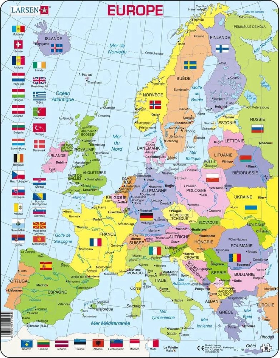 Larsen Carte politique de l'Europe – Puzzle – Europa – Länder und Vorhänge – Puzzle éducatif pour enfants – 48 Teile – hergestellt in Norwegen – Teile extra épaisses de 2,5 mm – Plateau mit fester Platte