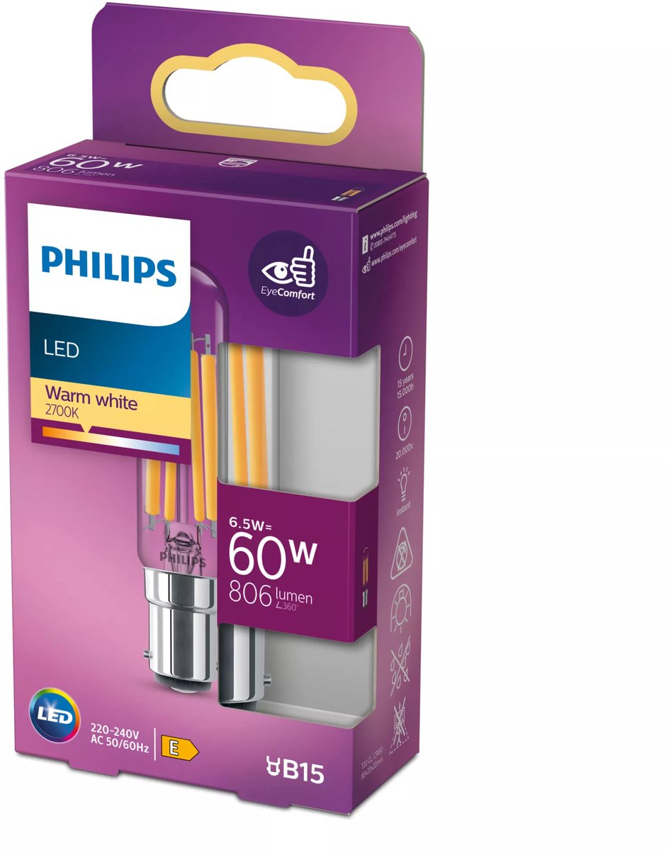 Philips LED Classic 60W T20L B15 WW CL ND-Beleuchtung