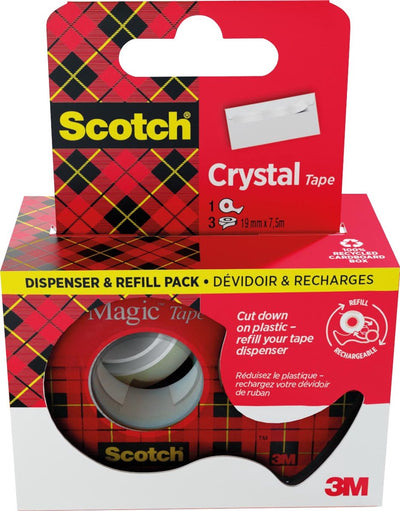 Scotch Crystal Tape Klebeband ft 19 mm x 7 | 5m | Spender + 3 Rollen | Hängebox