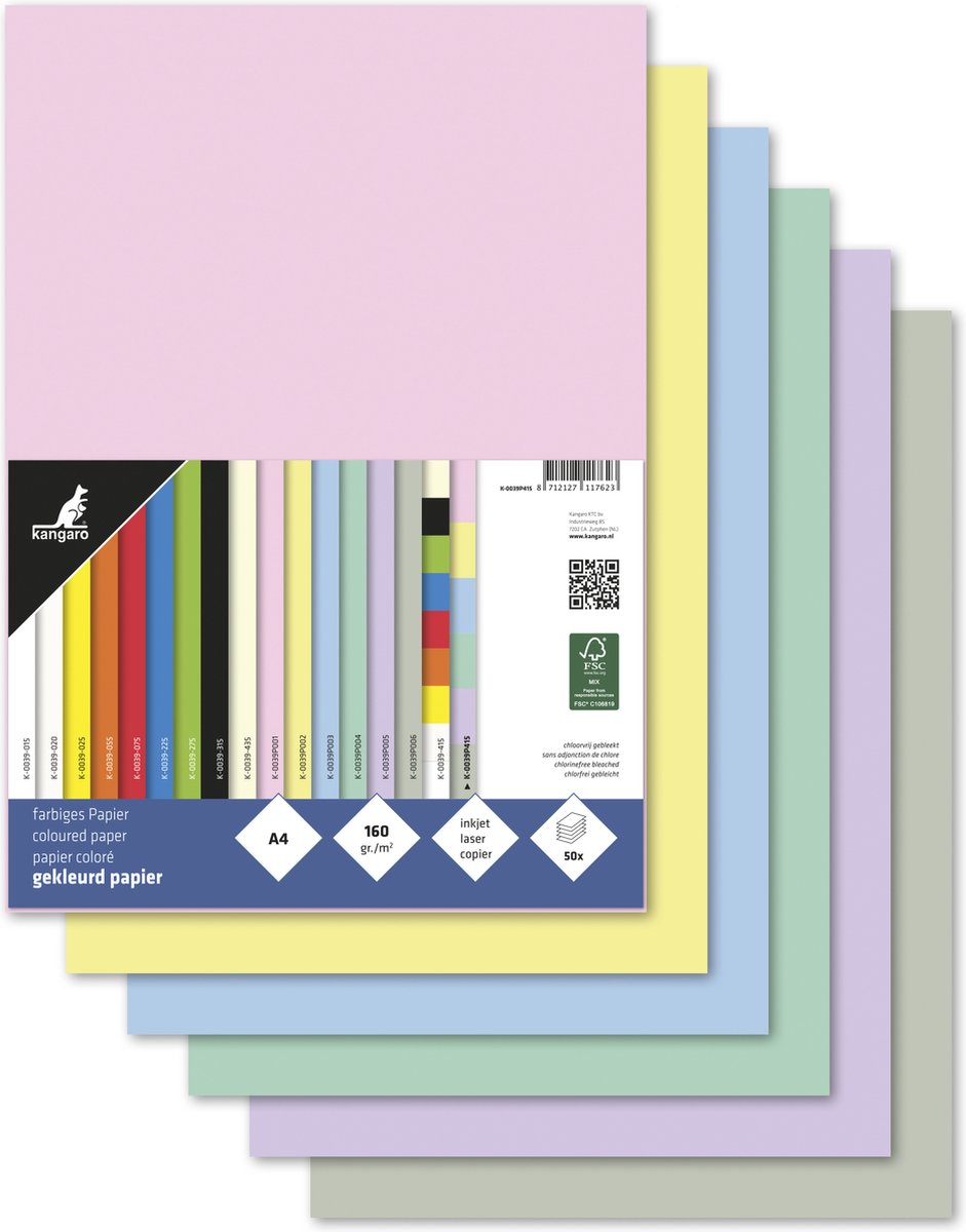 Kängurupapier – A4 – 160 Gramm FSC – Pastellfarben sortiert – Packung mit 50 Blatt – k-0039p415
