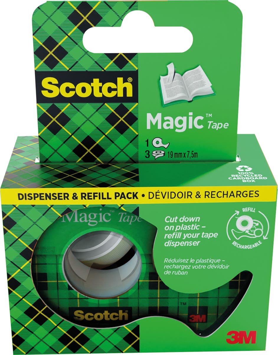 Scotch Magic Tape Klebeband ft 19 mm x 7 | 5m | Spender + 3 Rollen | Hängebox