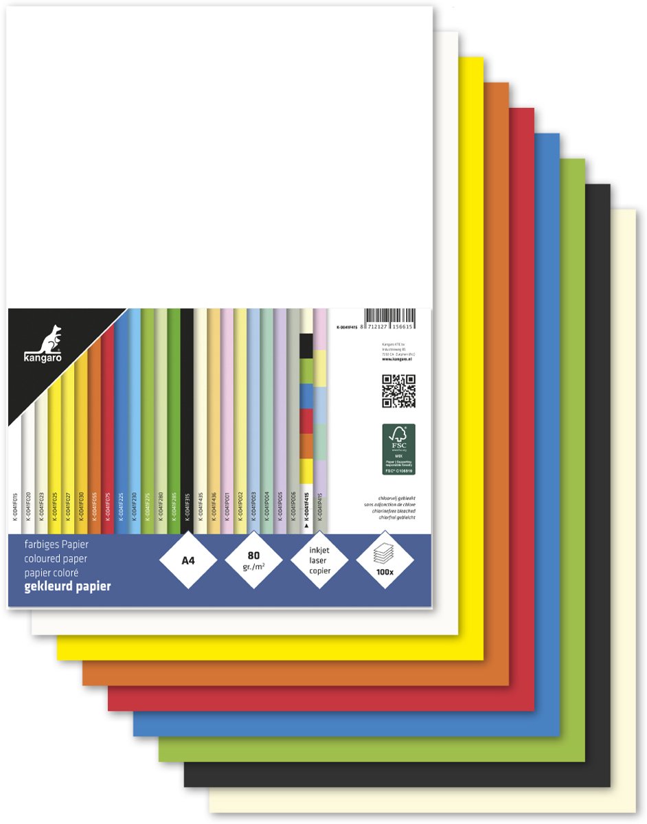 Kängurupapier – Größe A4 – 80 Gramm – sortierte Packung mit 100 Blatt – k-0041f415