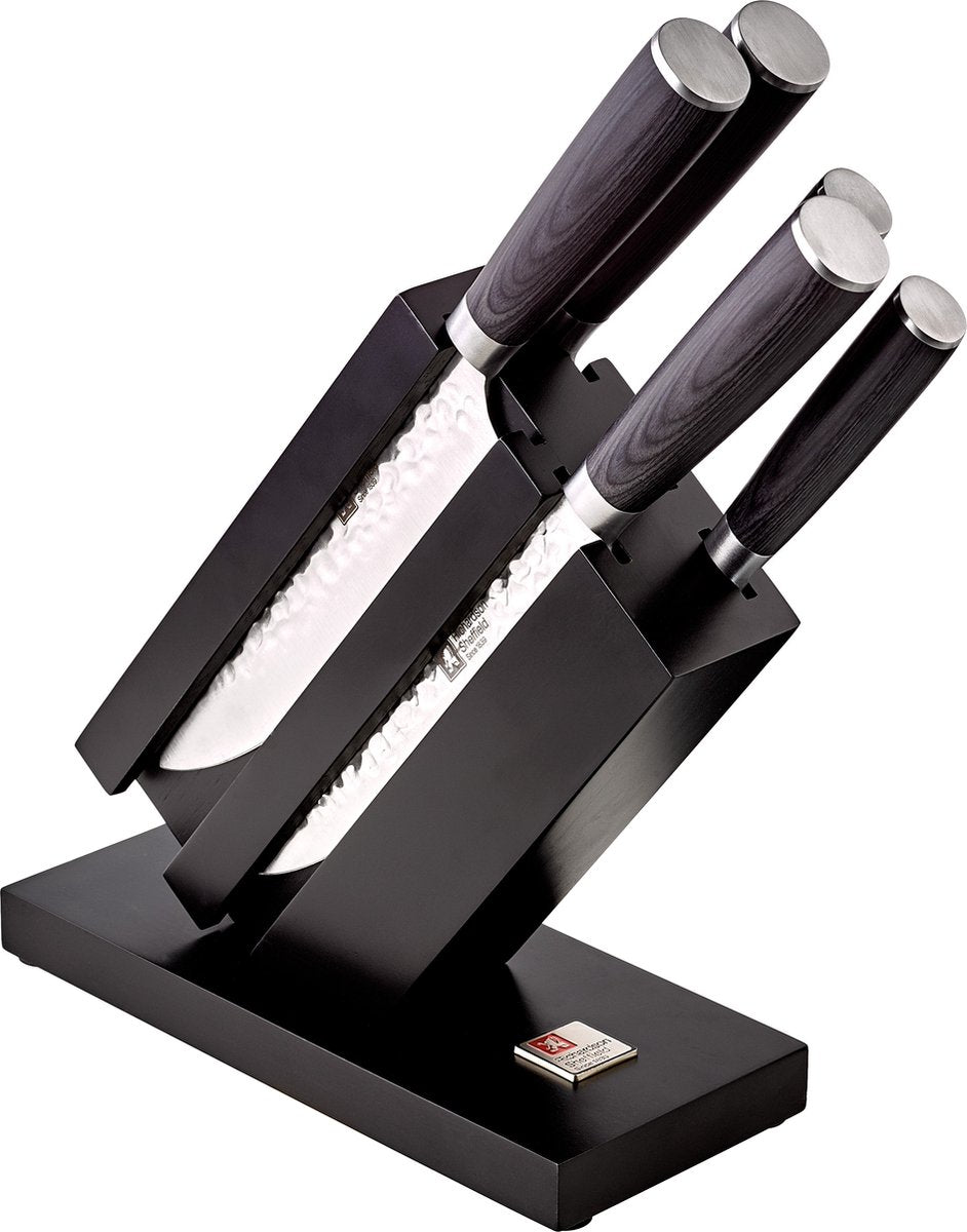 Richardson Sheffield – UTA – 5-teiliges Messerset – inklusive Design-Messerblock – gehämmerte Messer – Pakkaholz