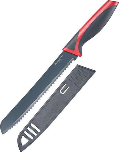 Westmark Brotmesser, mit langer Wellenschliffklinge, Klingenlänge 20 cm, mit Klingenschutz, Edelstahl-Kunststoff, Anthrazitrot, 14552270