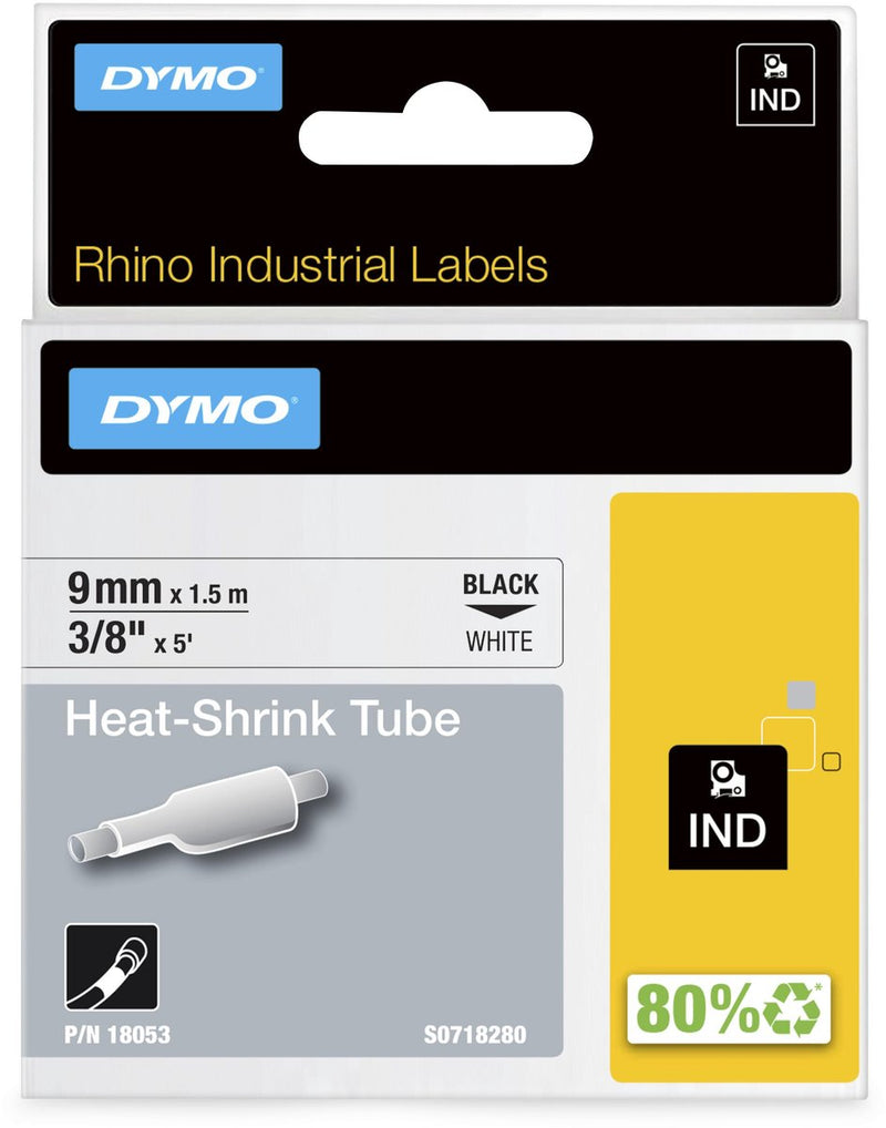 Dymo Rhino industrielle Schrumpfschlauchetiketten | 9mm x 1,5m | schwarzer Druck auf weiß | für Rhino-Etikettendrucker