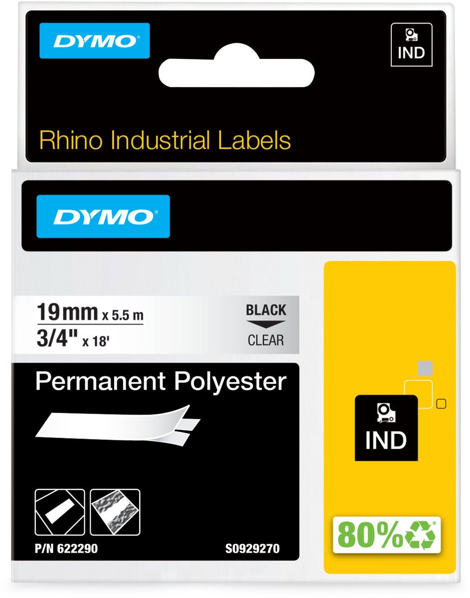 Dymo Rhino Industrieetiketten | permanentes Polyester | 19 mm x 3,5 m | schwarzer Druck auf transparentem | Selbstklebende Etiketten für Rhino Label Manager-Etikettendrucker