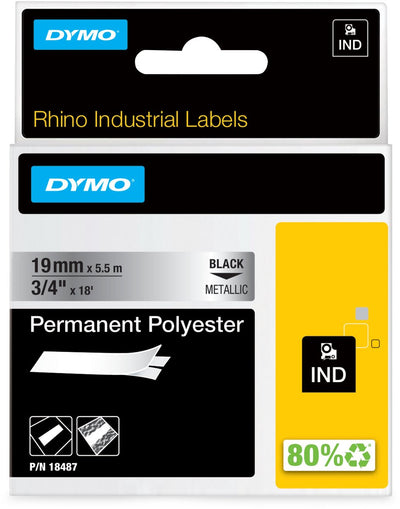 Dymo Rhino Industrieetiketten | permanentes Polyester | 19 mm x 3,5 m | schwarzer Druck auf metallischem | Selbstklebende Etiketten für Rhino Label Manager-Etikettendrucker
