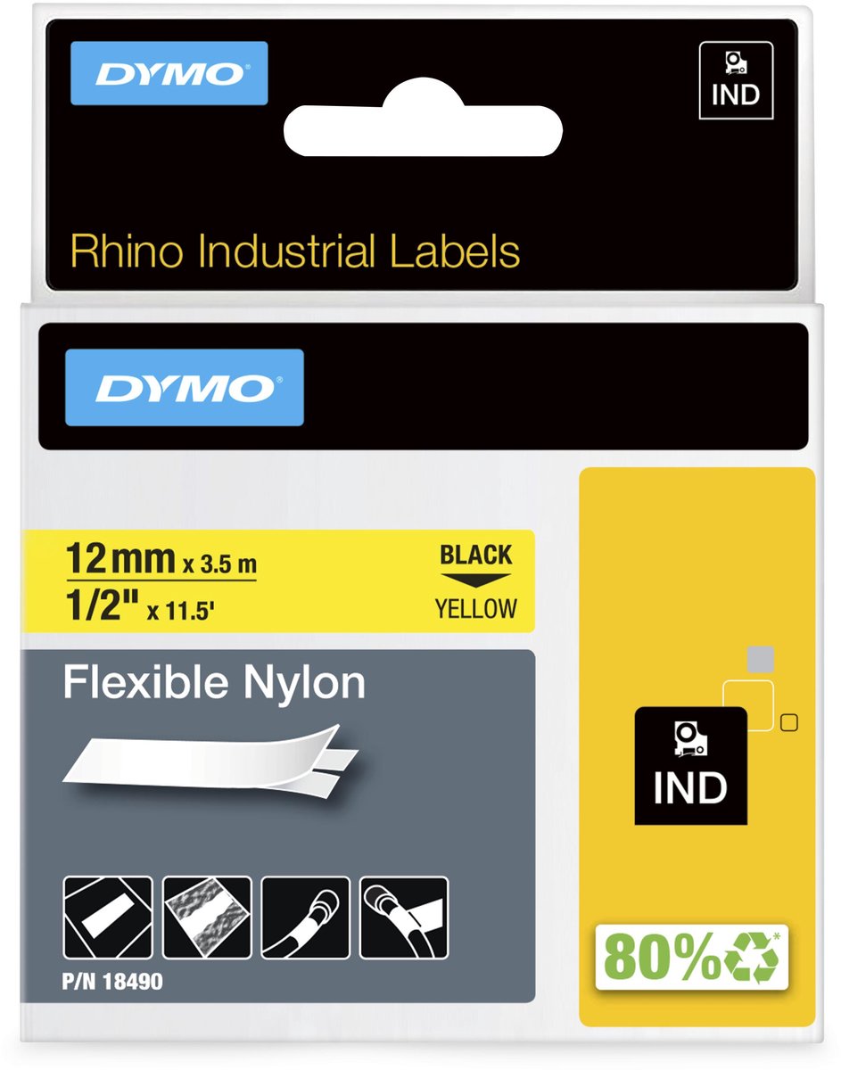 Industrielle flexible Nylonetiketten von Dymo Rhino | 12 mm x 3,5 m | schwarzer Druck auf gelb | Selbstklebende Etiketten für Rhino Label Manager-Etikettendrucker