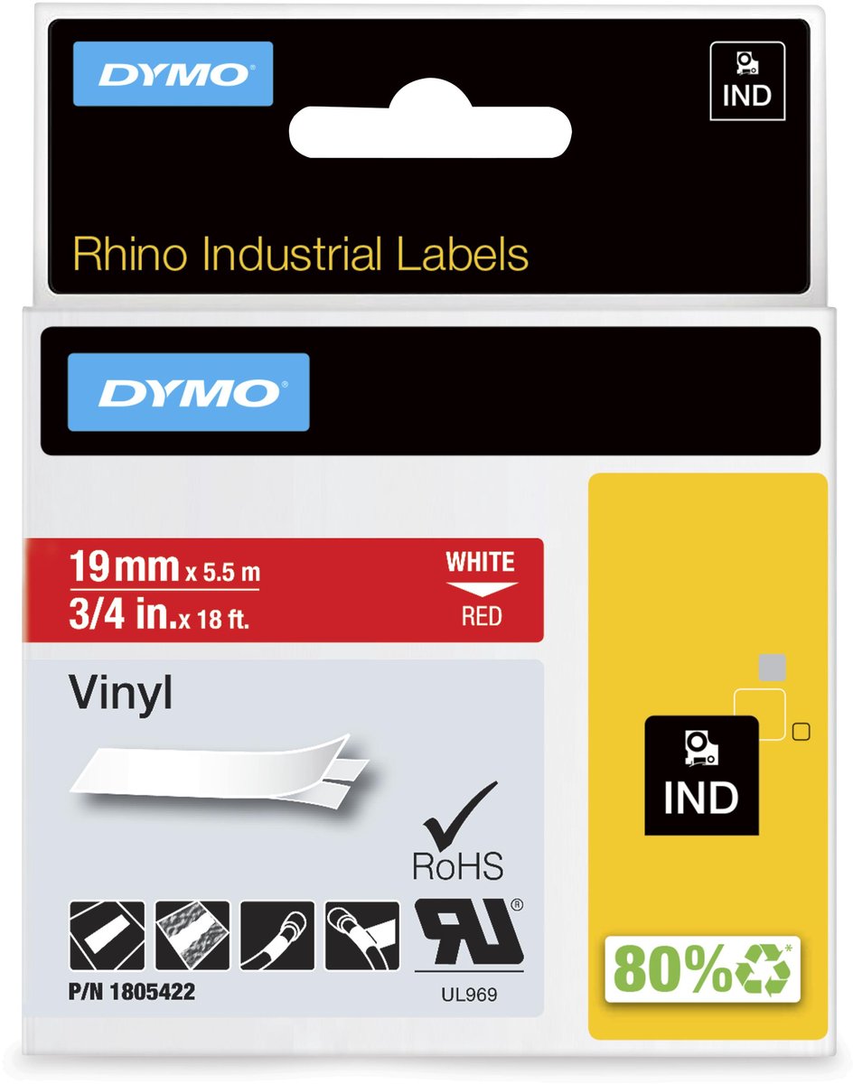 Dymo Rhino Industrie-Vinyletiketten | 19 mm x 5,5 m | weißer Druck auf rot | Selbstklebende Etiketten für Rhino Label Manager-Etikettendrucker