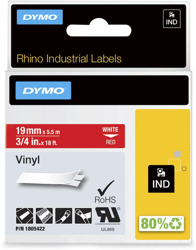 Dymo Rhino Industrie-Vinyletiketten | 19 mm x 5,5 m | weißer Druck auf rot | Selbstklebende Etiketten für Rhino Label Manager-Etikettendrucker