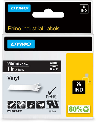 Dymo Rhino Industrie-Vinyletiketten | 24 mm x 5,5 m | weißer Druck auf schwarz | Selbstklebende Etiketten für Rhino Label Manager-Etikettendrucker
