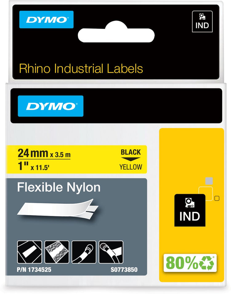 Industrielle flexible Nylonetiketten von Dymo Rhino | 24 mm x 3,5 m | schwarzer Druck auf gelb | Selbstklebende Etiketten für Rhino Label Manager-Etikettendrucker