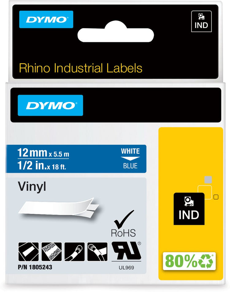 Dymo Rhino Industrie-Vinyletiketten | 12 mm x 5,5 m | weißer Druck auf blauem | Selbstklebende Etiketten für Rhino Label Manager-Etikettendrucker