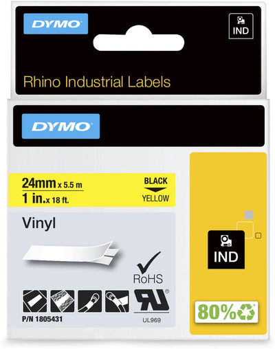 Dymo rhino industrial vinyl labels | 24 mm x 5,5 m | schwarzer Druck auf gelb | Selbstklebende Etiketten für Rhino Label Manager-Etikettendrucker