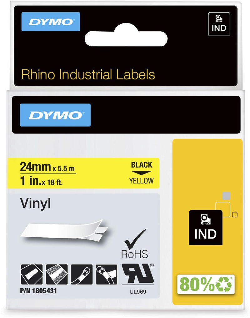 Dymo rhino industrial vinyl labels | 24 mm x 5,5 m | schwarzer Druck auf gelb | Selbstklebende Etiketten für Rhino Label Manager-Etikettendrucker