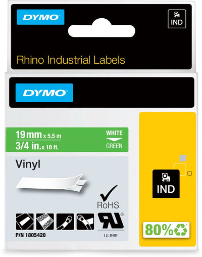 Dymo Rhino Industrie-Vinyletiketten | 19 mm x 5,5 m | weißer Druck auf Grün | Selbstklebende Etiketten für Rhino Label Manager-Etikettendrucker