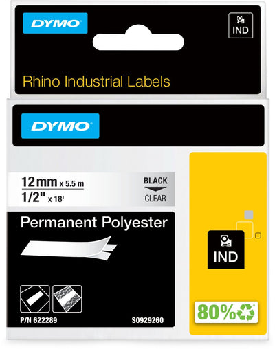 Dymo Rhino Industrieetiketten | permanentes Polyester | 12 mm x 3,5 m | schwarzer Druck auf transparentem | Selbstklebende Etiketten für Rhino Label Manager-Etikettendrucker