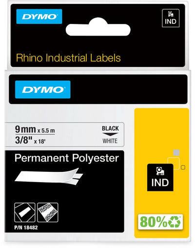 Dymo Rhino Industrieetiketten | permanentes Polyester | 9 mm x 3,5 m | schwarzer Druck auf weiß | Selbstklebende Etiketten für Rhino Label Manager-Etikettendrucker