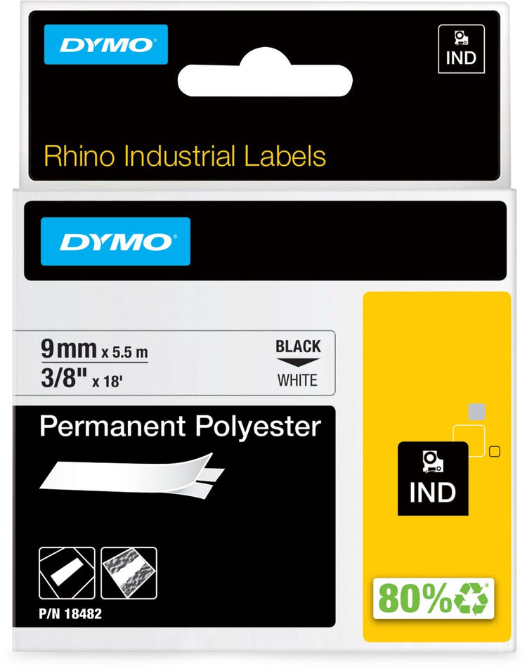 Dymo Rhino Industrieetiketten | permanentes Polyester | 9 mm x 3,5 m | schwarzer Druck auf weiß | Selbstklebende Etiketten für Rhino Label Manager-Etikettendrucker