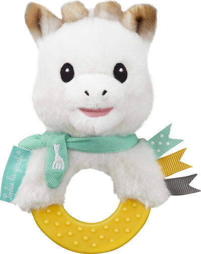 Beißrassel Sophie die Giraffe – 2-in-1-Rassel-Beißring – Babyspielzeug – Mutterschaftsgeschenk – Geschenk zur Babyparty – ab 3 Monaten – 13 x 7 x 6 cm – Plüschgummi – gelb, weiß, türkis