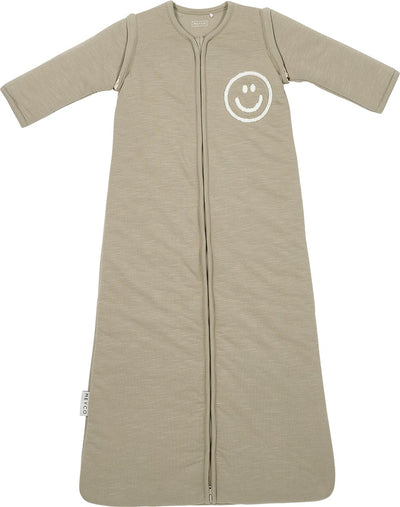Meyco Baby Slub mit Smile-Applikation, Babyschlafsack mit abzippbaren Ärmeln – Taupe, gebrochenes Weiß – 70 cm – 2,5 Tog