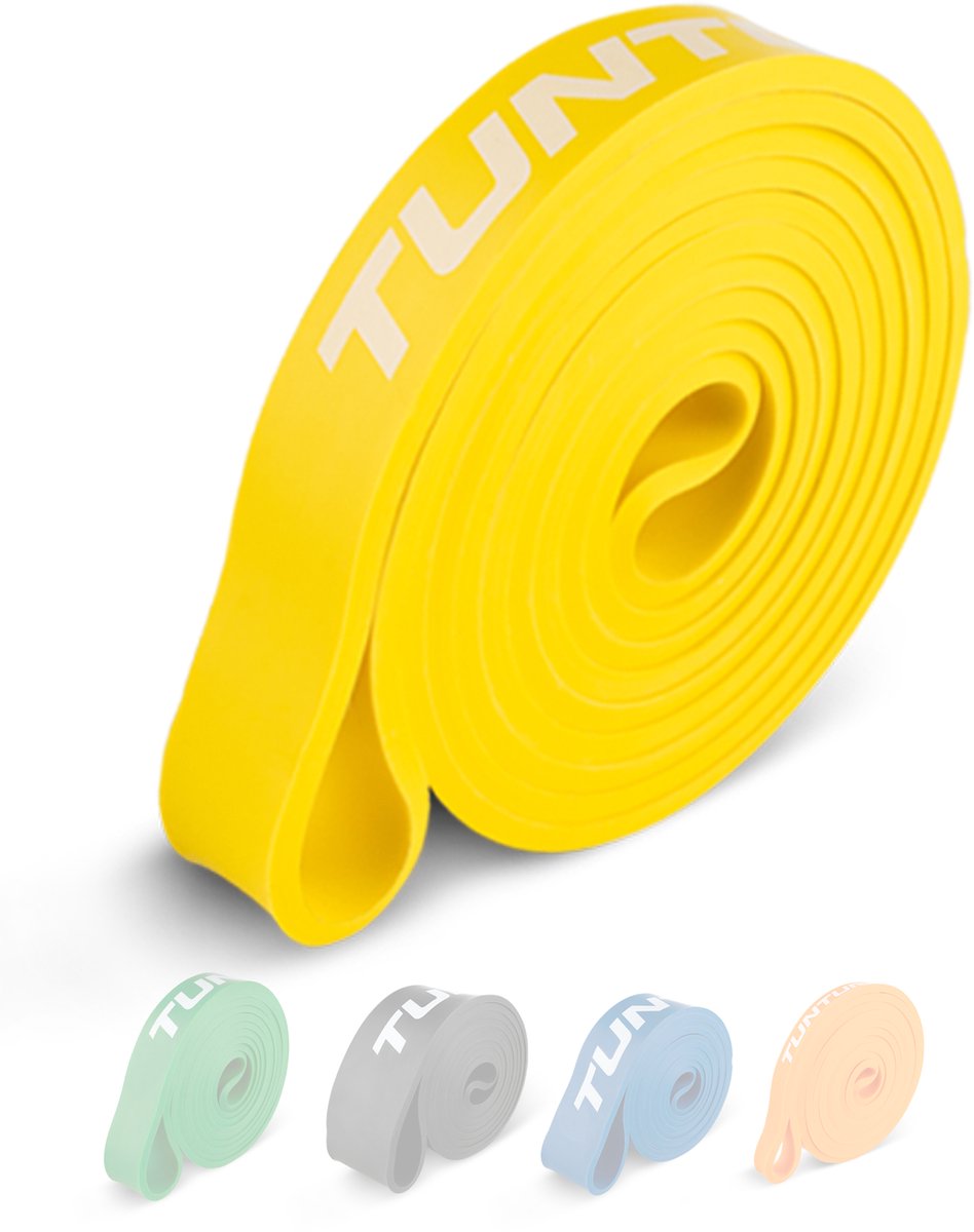 Tunturi Powerband – Widerstandsband 5 bis 20 kg – Klimmzug-Widerstandsband – Fitness-Gummiband – 104 cm – inkl. Trainings-App – Gelb