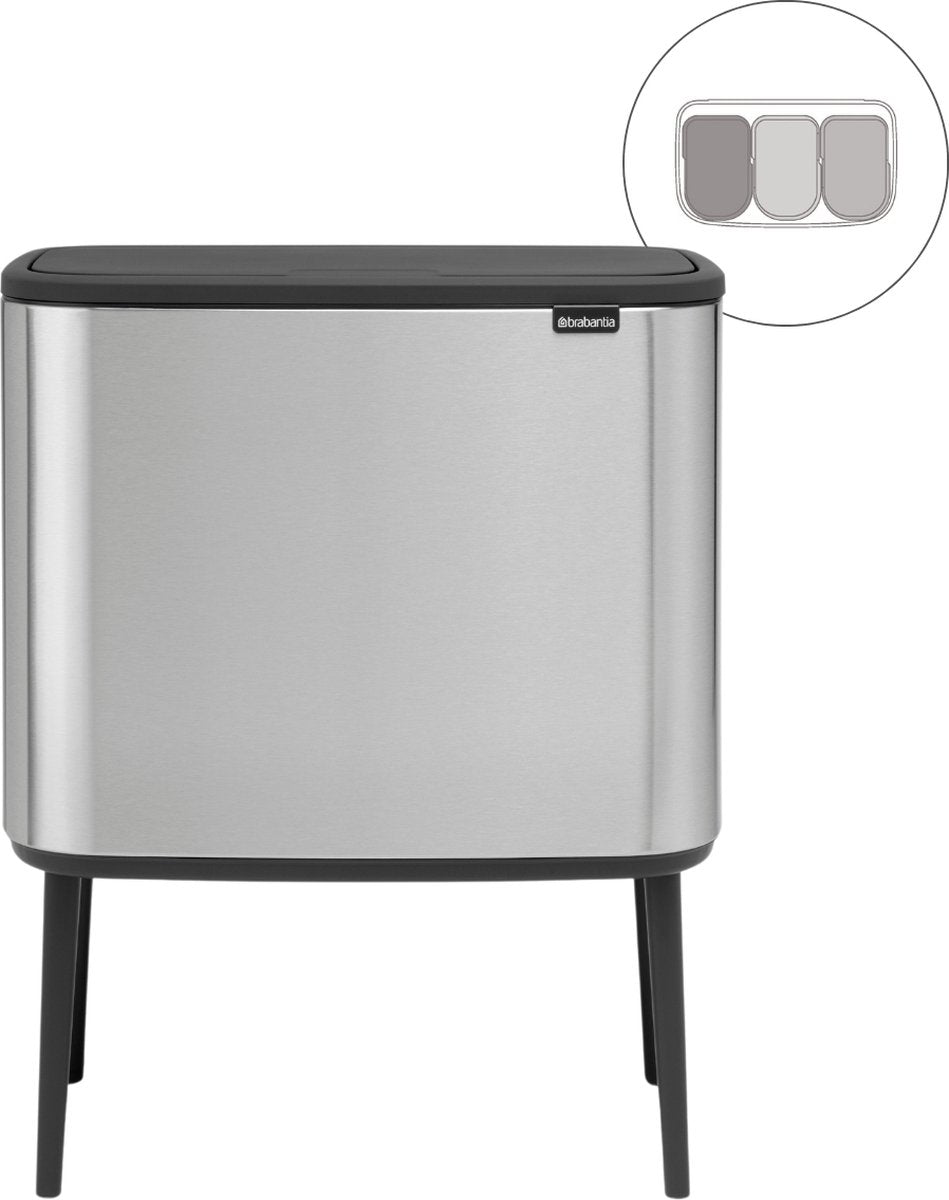 Brabantia Bo Touch Bin Abfallbehälter – 3 x 11 Liter – Mülltrennung – mattierter Stahl, fingerabdrucksicher