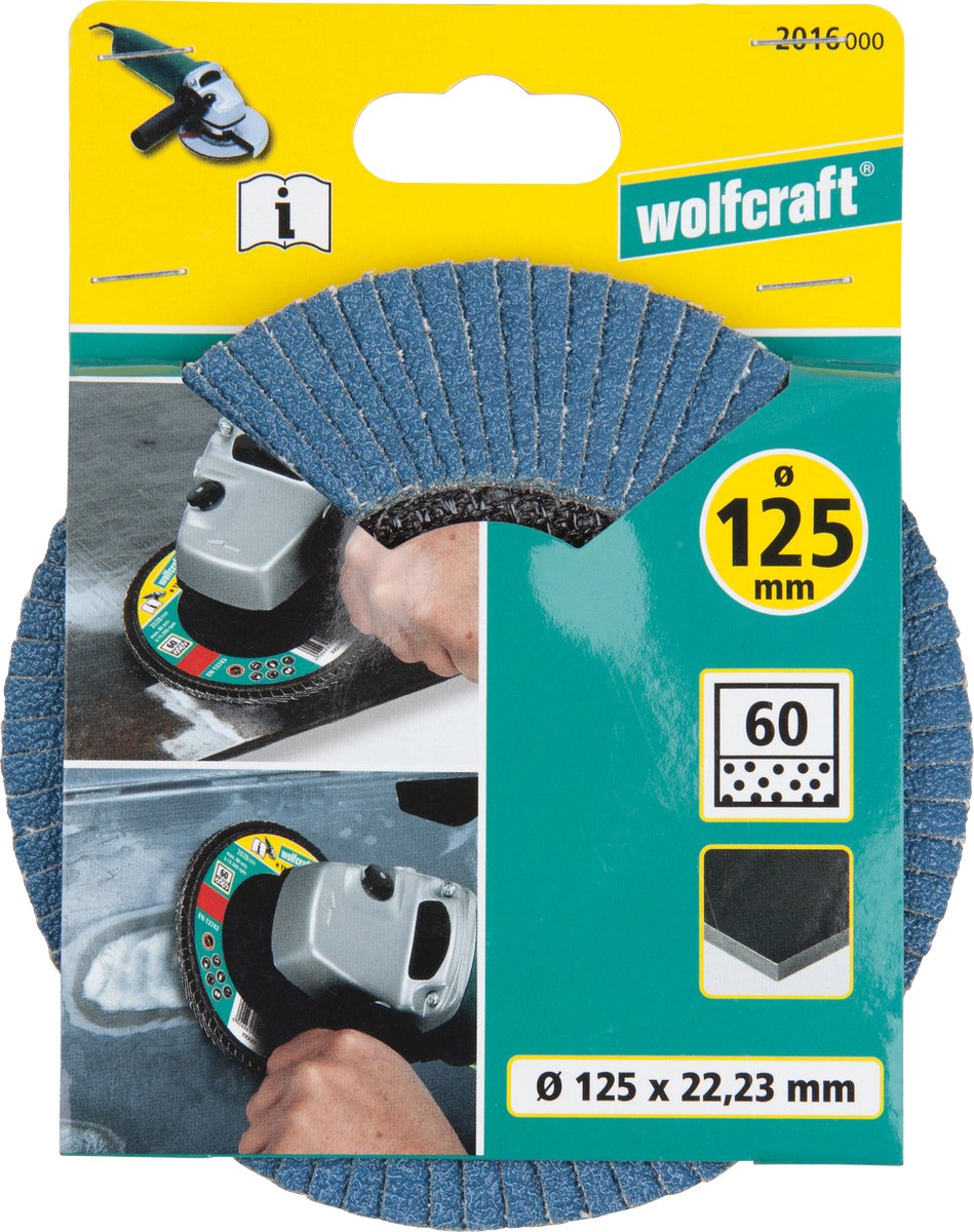 Wolfcraft – Fächerschleifscheibe – 125 mm – Körnung 60 – Schleiffächerplatten-Winkelschleifer für Metall – 2016000