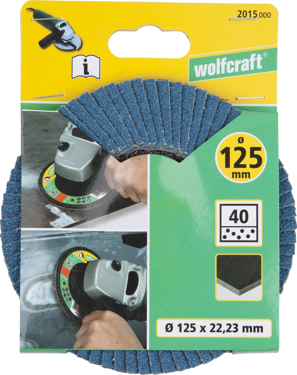 Wolfcraft – Fächerschleifscheibe – 125 mm – Körnung 40 – Schleiffächerplatten-Winkelschleifer für Metall – 2015000