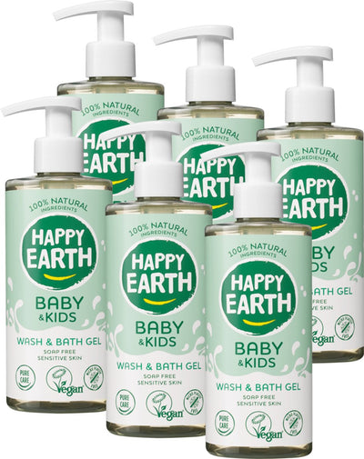 Happy Earth Bundle Waschbadegel Baby Kids – 100 % natürlich – frei von Mikroplastik – 0 % SLS – Babypflege – seifenfrei – geeignet für Neugeborene – 6 x 300 ml – Vorteilspackung