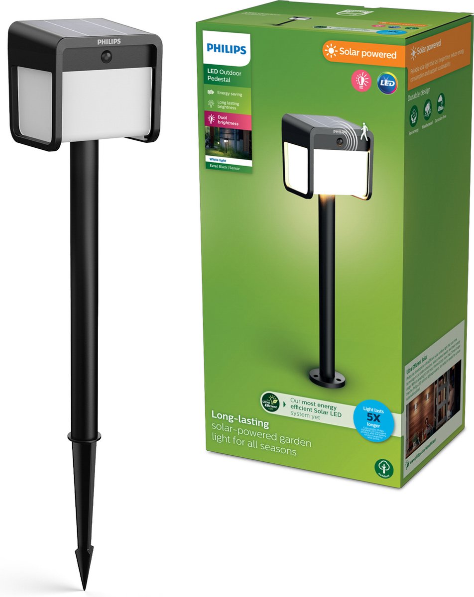 Philips LED Philips Ezra Sockelleuchte – ultraeffiziente LED – Solar-Außenleuchte – helles warmes Licht; 3000k - Schwarz - Bewegungssensor - Solarenergie - Dämmerungssensor - Gartenwegbeleuchtung