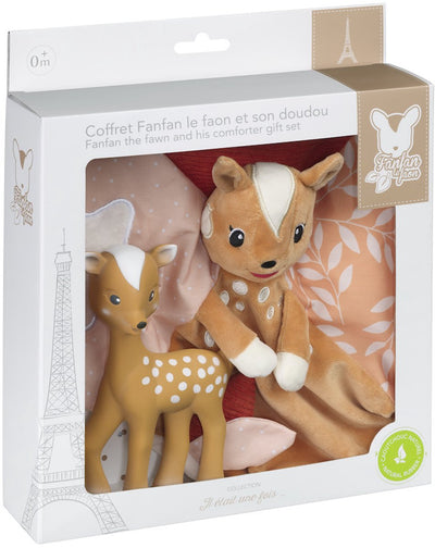 Sophie, die Giraffe, Fanfan, der Hirsch, Geschenkset – inklusive Beißspielzeug und weichem Kuscheltuch – perfektes Mutterschaftsgeschenk für Babys