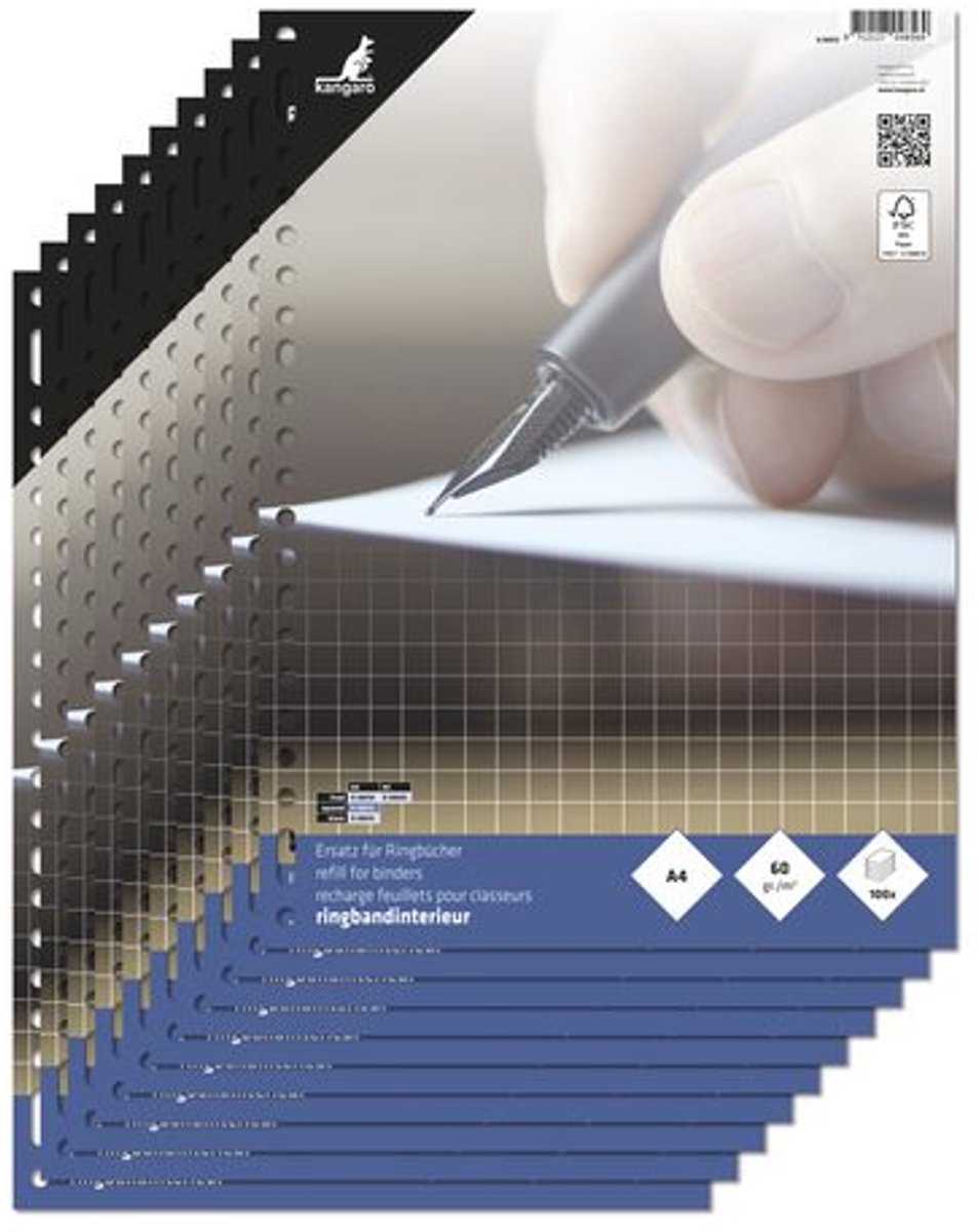 Kangaro-Ringbuch innen A4 – Diamant 10 mm – 60 Gramm – 23 Löcher – 10 Sets – Ringbuchpapier – K-56012-10