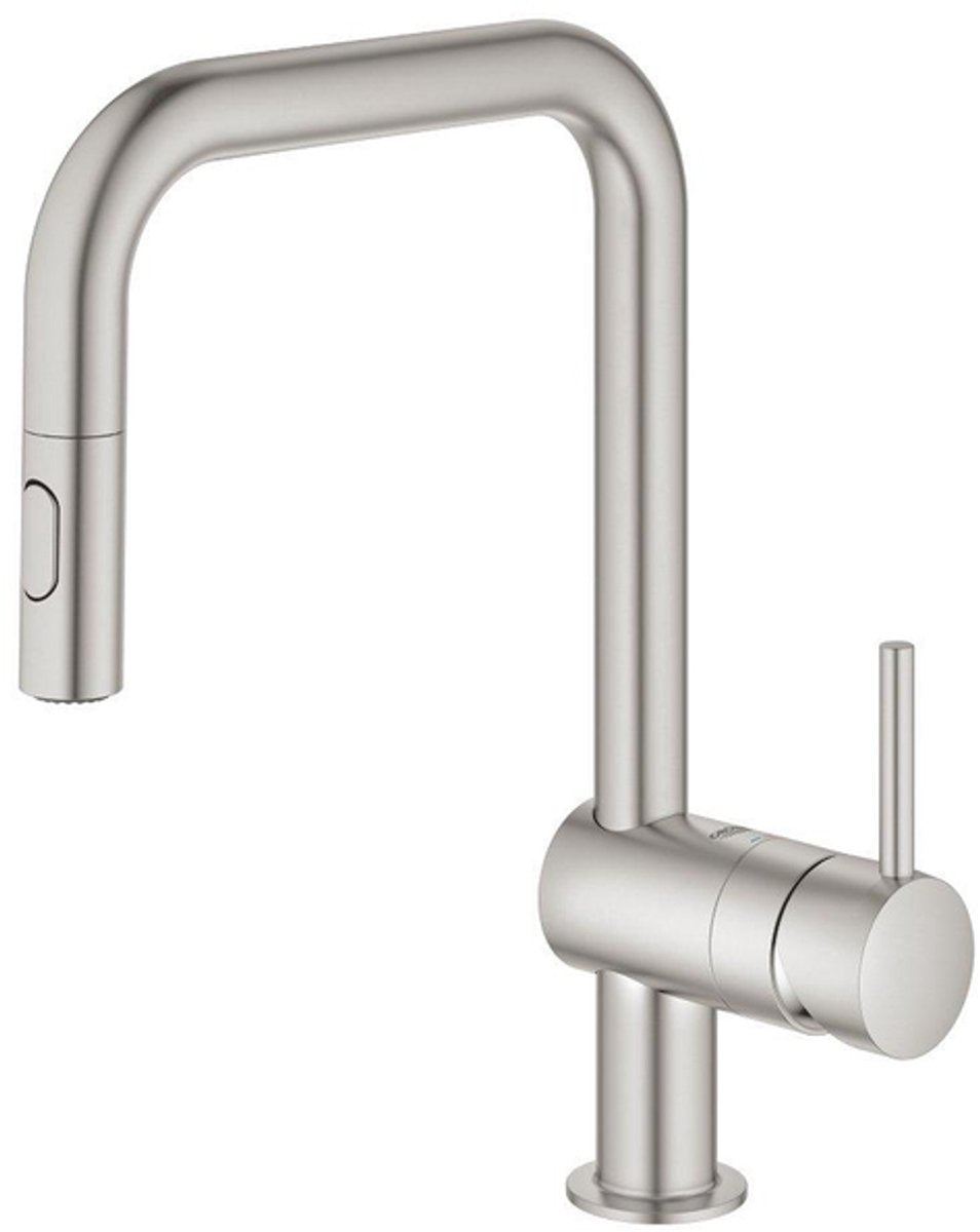 Grohe Minta Küchenarmatur – mit ausziehbarer Handbrause – 2 Strahlarten – Edelstahl (Supersteel)