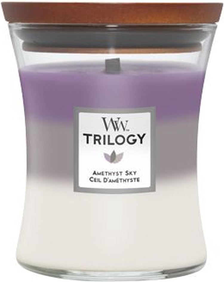 Woodwick Hourglass Trilogy mittelgroße Duftkerze – Amethysthimmel – 60 Brennstunden