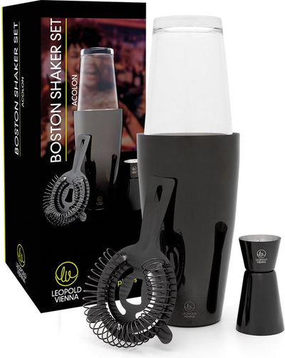Leopold Vienna - Cocktailset Boston Edelstahl schwarz (Cocktailshaker, Pipette, Sieb) Muttertagsgeschenkset