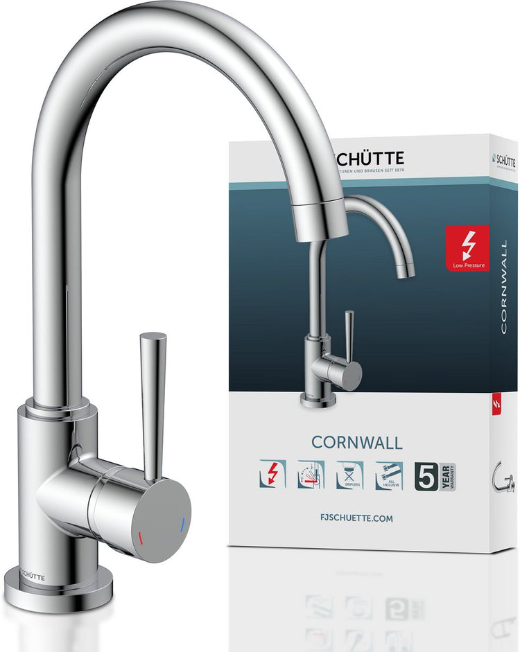 Schütte Cornwall Design Küchenarmatur für Warmwasserbereiter mit freiem Auslauf – Niederdruck – Mischbatterie – hoher, schwenkbarer Auslauf – Seitengriff – Chrom