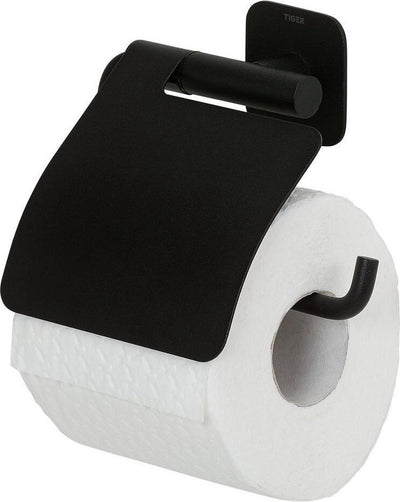 Tiger Colar - Toilettenpapierhalter mit Klappe - ohne Bohren - Toilettenpapierhalter selbstklebend - Schwarz