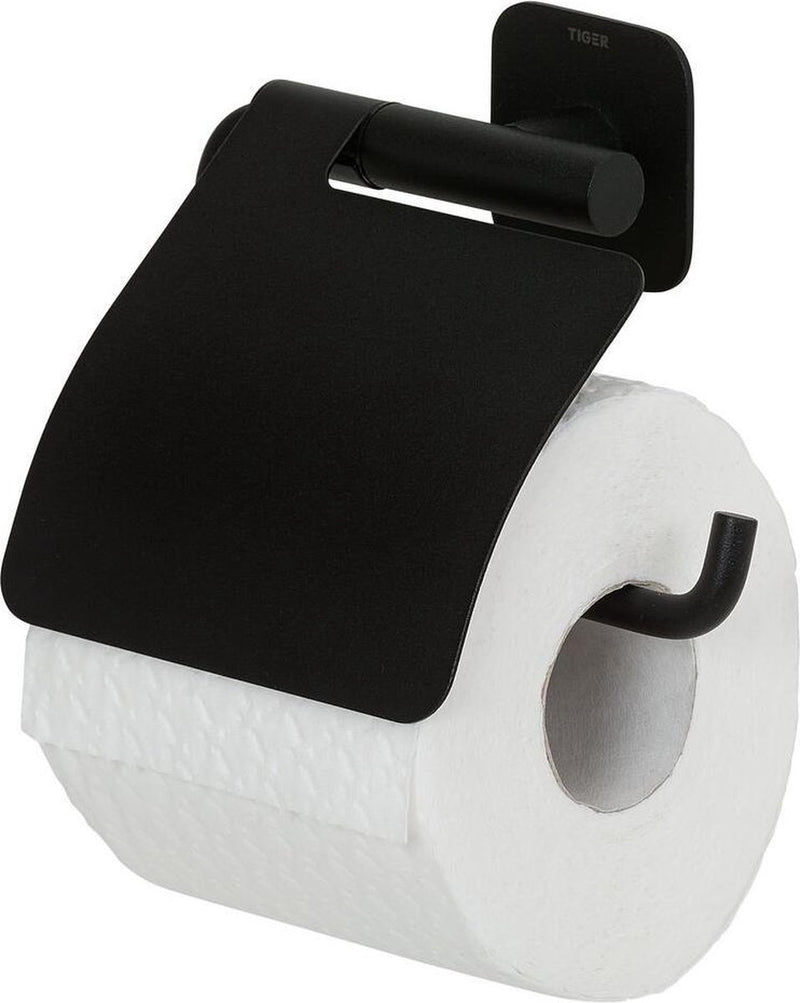 Tiger Colar - Toilettenpapierhalter mit Klappe - ohne Bohren - Toilettenpapierhalter selbstklebend - Schwarz