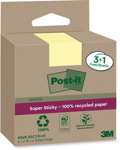 Post-it – Super-Haftnotizen recycelt | 70 Blatt | ft 76 x 76 mm | gelb | 3 + 1 gratis