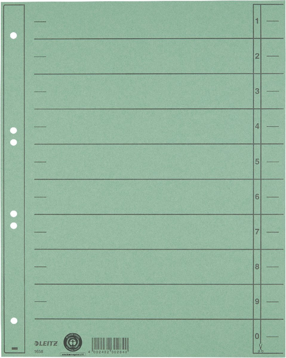 Leitz Registerkarton mit Skala – beschreibbare Register, 2 4-Ringe – für Ordner und Ringbücher – grün