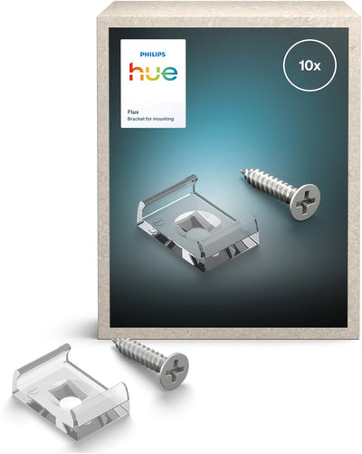 Philips Hue Flux Montagehalterungen – einfache Installation von LED-Streifen – Schrauben und Klebeband im Lieferumfang enthalten – stabiles transparentes Design – 10 Stück