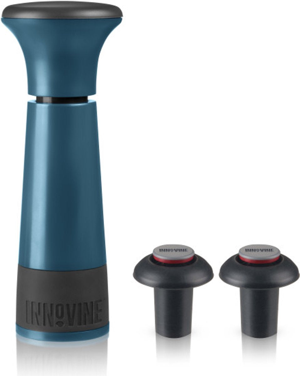 Innovine™ Vakuumpumpen-Weinsparer in tiefem Blaugrün – Weinpumpe mit 2 Stopfen