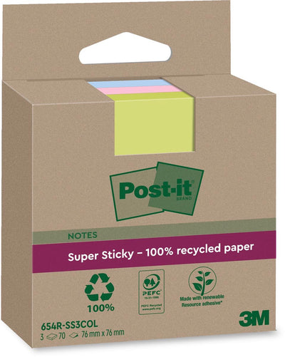 Post-it Super-Haftnotizen recycelt | 70 Blatt | ft 76 x 76 mm | sortiert | Packung mit 3 Blöcken