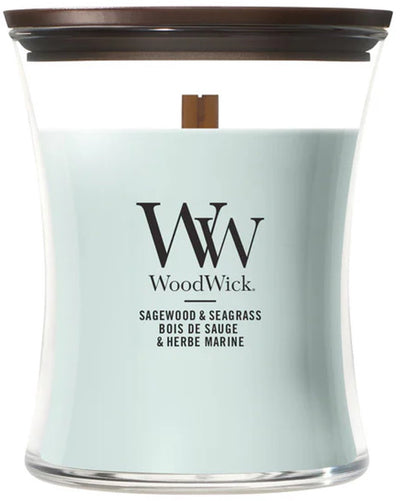 Mittlere Sanduhr-Duftkerze von Woodwick – Salbeiholz-Seegras – 60 Brennstunden