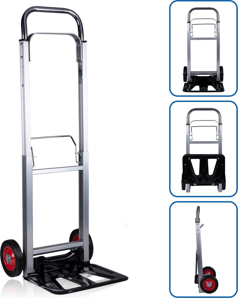 Kinzo faltbarer Sackkarre – Aluminium – bis 90 Kilo – faltbar – Transportwagen – Umzug, Camping, Urlaub – Schwarz Silber