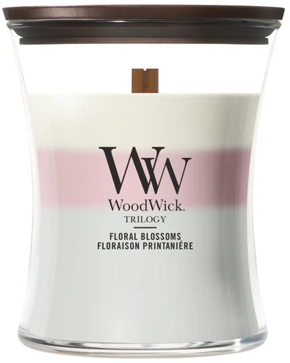 Sanduhr von Woodwick – Trilogie mit Blumenblüten – mittelgroße Duftkerze – 60 Brennstunden
